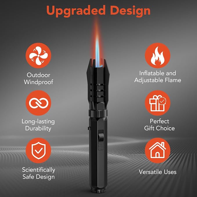 WCX HB300 Torch Lighter, Adjustable Jet Flame Lightsaber Lighter, Windproof Butane Refillable, for Candle/Grill/Cooking/BBQ, Black (Butane Not Included)