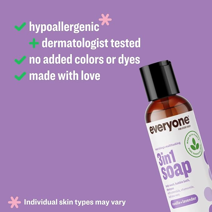 Everyone 3-in-1 Soap Body Wash, Bubble Bath, Shampoo, Travel Size, 2 Ounce (Pack of 12), Vanilla and Lavender, made with Essential Oils for Men and Women