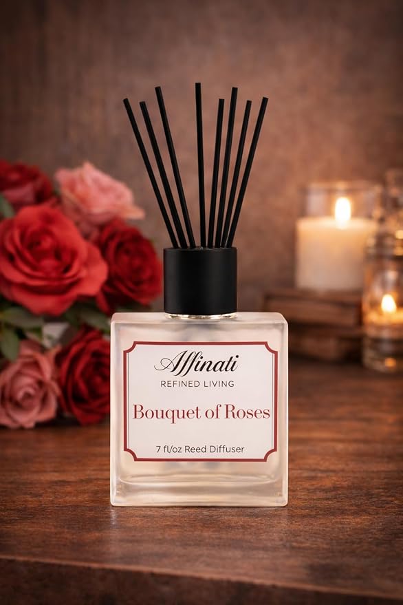 Affinati Bouquet of Roses Reed Diffuser – 7.0 fl oz Home Fragrance Diffuser with 8 Reeds – Long Lasting Flame Free Room Fragrance for Bedroom, Bathroom, Office & Living Room