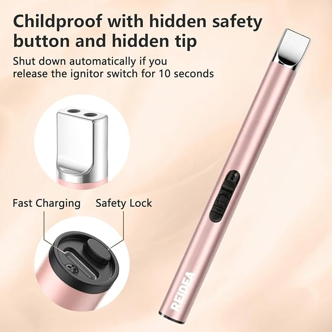 REIDEA Candle Lighter Long USB Rechargeable Arc Windproof Flameless with Safety Switch Buttom for Home Kitchen BBQ Camping Stove