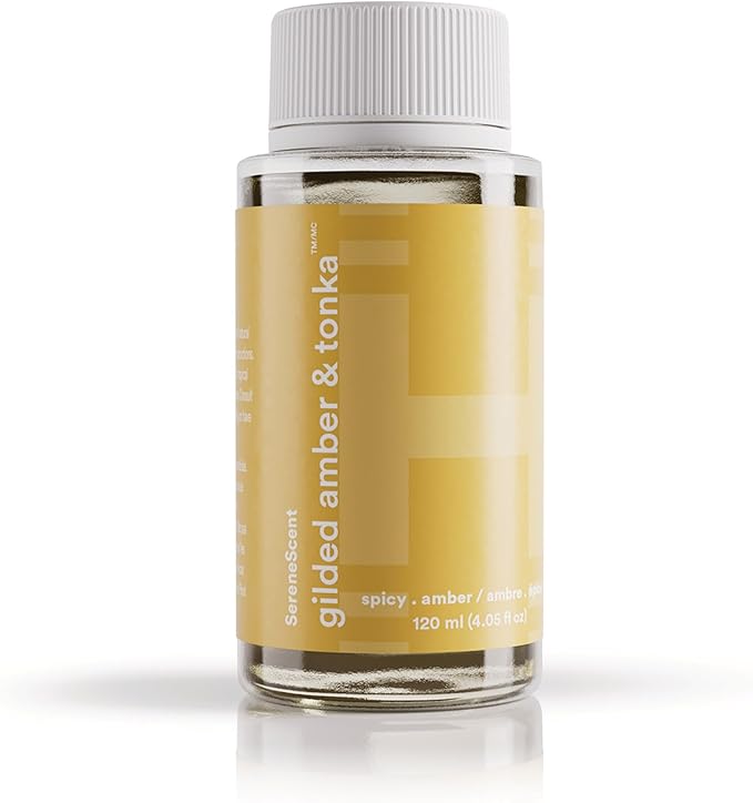 Homedics SereneScent Waterless Diffuser Oil Refill — Gilded Amber & Tonka (120ml). Warm & Luxurious Home Fragrance. Compatible with SereneScent Diffusers. Easy Twist Plug & Play