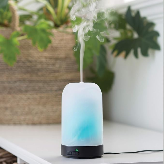 Airome Frosted Glass Medium Glass Essential Oil Diffuser|100 mL Humidifying Ultrasonic Aromatherapy Diffuser 8 Colorful LED Lights, Intermittent & Continual Mist, Auto Shut-Off, White