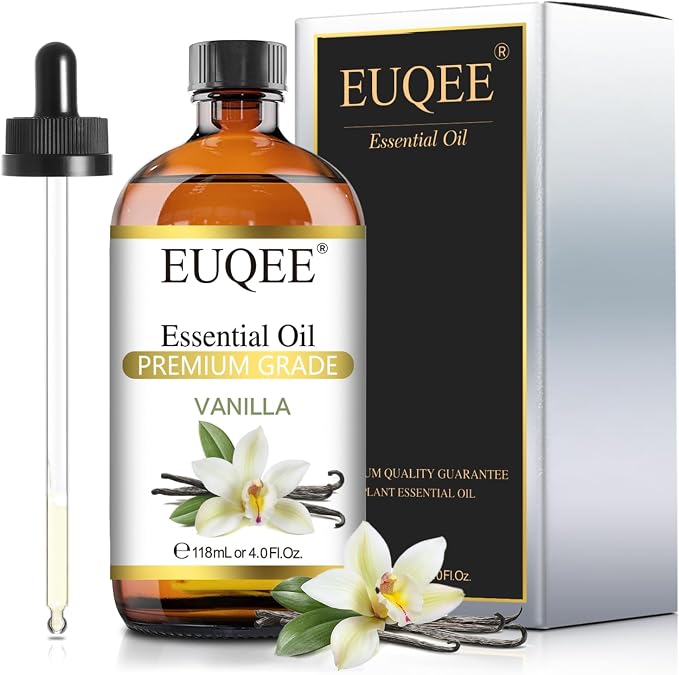 EUQEE Vanilla Essential Oil 118 ml Premium Vanilla Oil with Glass Dropper, Great for Diffusers, Aromatherapy, Candle Making, DIY Soap - 4Fl.Oz