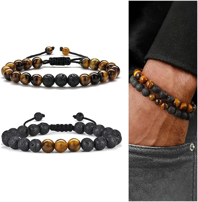 M MOOHAM Mens Bracelet - Beaded Natural Stone 8mm Tiger Eye Matte Agate Lava Rock Bracelets for Men Teen Boys Grandpa Dad Birthday Gifts Jewelry
