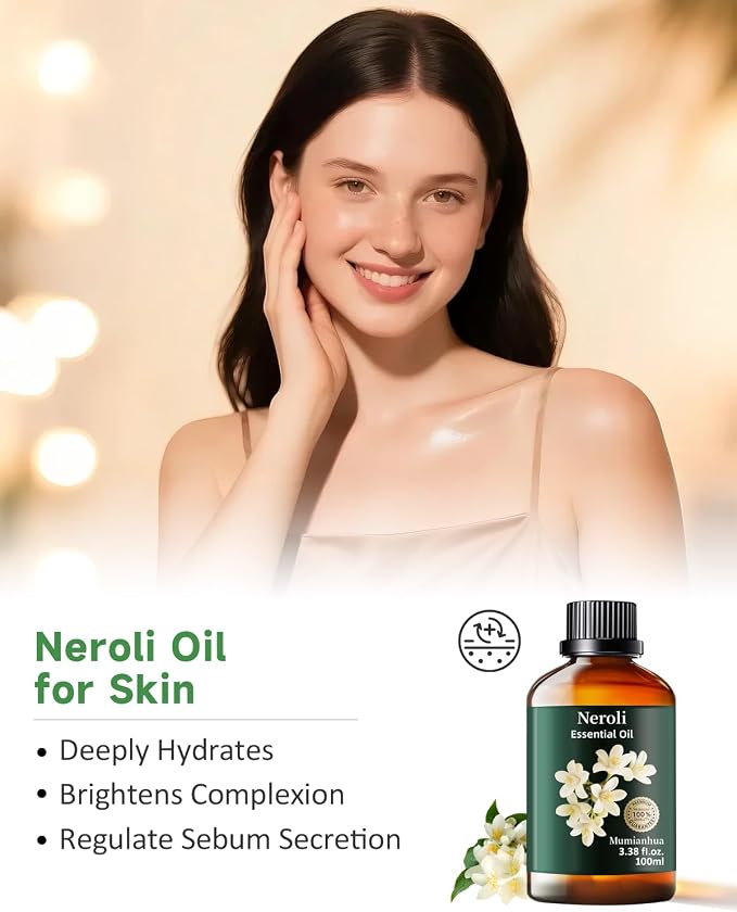 Neroli Essential Oil, Pure Mumianhua Orange Blossom Oil for Evening Tranquility & Pillow Mist, Citrus‑Floral Aromatherapy for Diffuser, Skin, Hair, Perfume, Candle & Soap Making – 3.38 Fl Oz