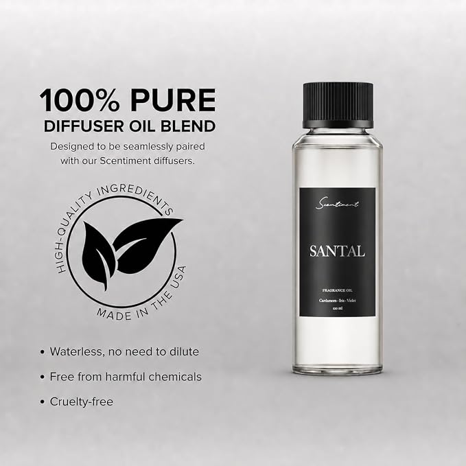 Scentiment Santal Diffuser Oil - Premium Hotel Scent with Notes of Cardamom, Cucumber, & Mint Home Scent, Aromatherapy Fragrance Oil Diffuser Refill - 4.06 fl oz (120 mL)