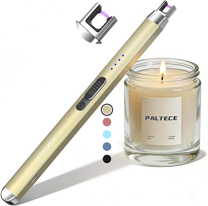 Upgraded Electric Lighter, USB C Rechargeable Flameless Plasma Arc Lighters with LED Display, Windproof Candle Lighter for BBQ Camping Kitchen, Safety Lock, for Men Women (Gold)