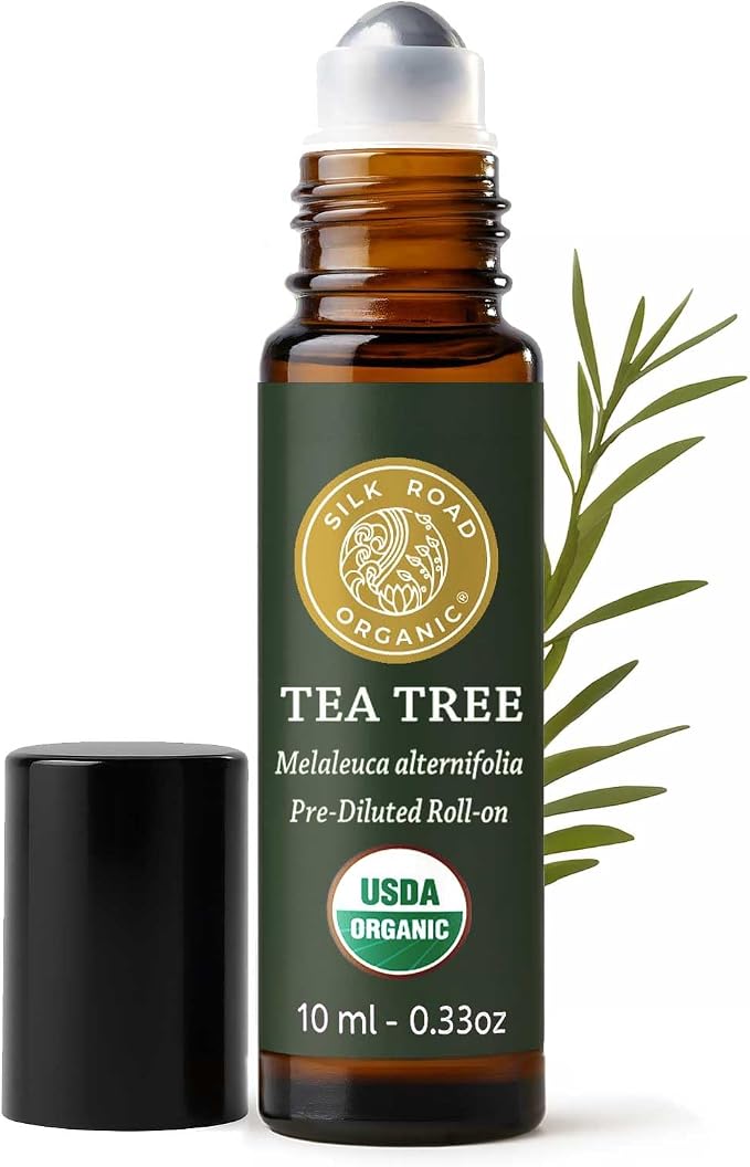 Silk Road Organic Tea Tree Essential Oil Roll On for Healthy Clear Skin, Nail Care & Foot Care - 100% Pure USDA Certified 10 ml Roller