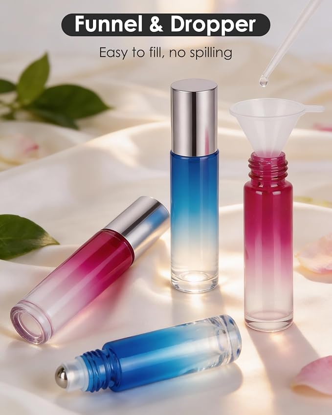 Worldgsb 25 Pack Essential Oil Roller Bottles, 10ml Refillable Glass Roller Bottles with Stainless Steel Roller Balls and Caps for Travel, Perfume and Lip Gloss Blue-Red Gradient