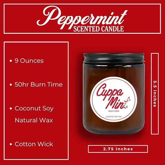 Peppermint Candle, Christmas 9oz Jar, Holiday Home Accent, Candy Cane Aroma, Fresh Winter Scent, Seasonal Gift Candle for Men and Women