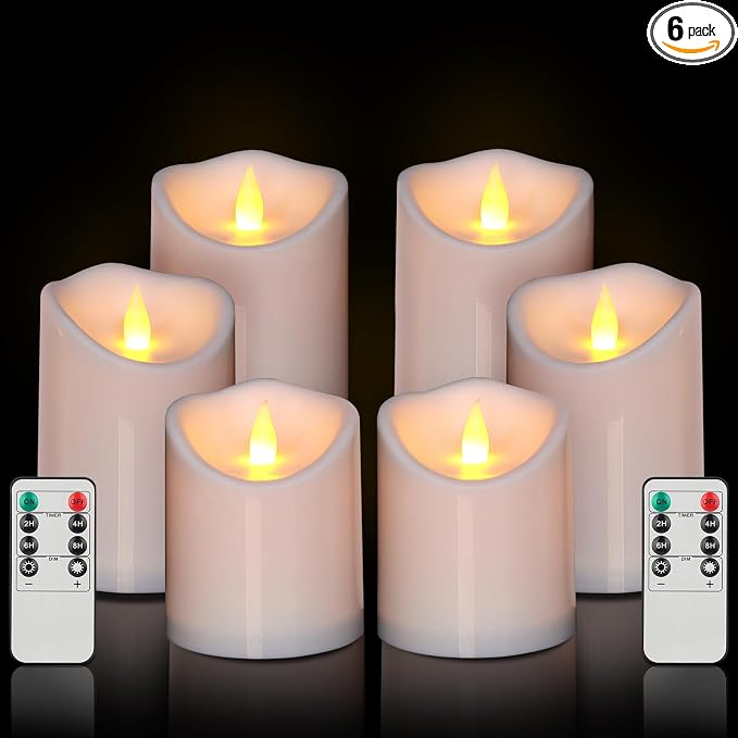 Pure White Flameless Candles, Patented 3D Dual-LED, Set of 6 Slanted Plastic Pillars with 2 Remotes, Waterproof Non-Melting Battery Operated Decor for Patio Lanterns, White