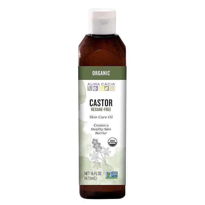Aura Cacia Organic Castor Oil, Pure Ricinus Communis Oil, For Skincare, Hair Care, Massage, Carrier Oil | 16 Fl Oz (Pack of 1)