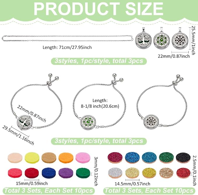 AHANDMAKER 66Pcs Essential Oil Diffuser Necklace Bracelet Set 3 Styles Stainless Steel Aromatherapy Locket Adjustable Diffuser Bracelet Refill Pads Jewelry for Jewelry Accessory Birthday Gift