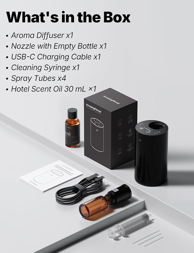 Waterless Essential Oil Diffuser Starter Kit with 30mL Hotel Fragrance Oil Inspired by Ritz-C., Battery Operated Mini Scent Diffuser, Portable Aromatherapy Diffuser for Home, Car, Office (Black)