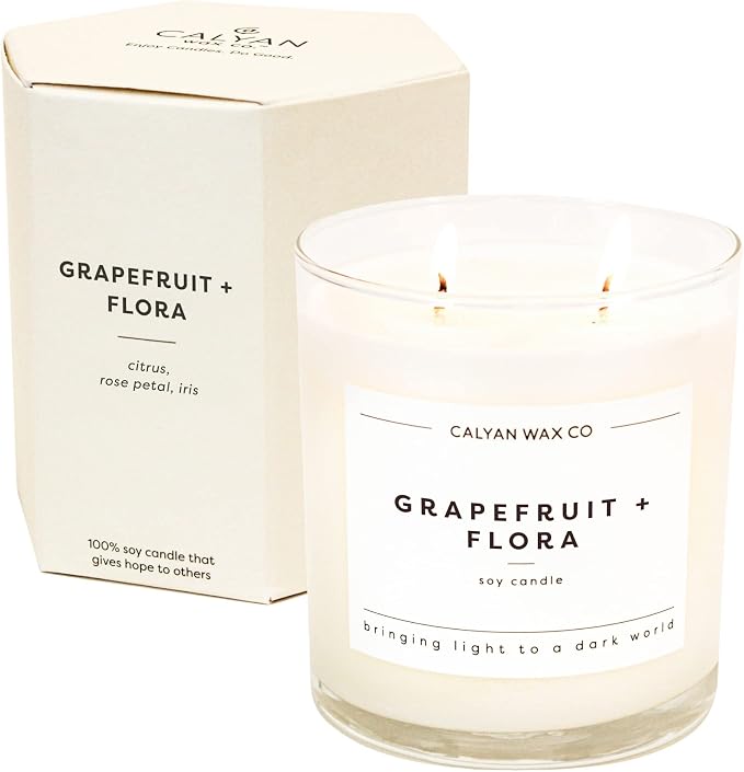Calyan Wax Co. Grapefruit & Flora 2 Wick Scented Candle - 37 Hour Burn - Luxury Clean Soy Wax Candles - Long Lasting Large Glass Jar Candle for Home - 8.8oz
