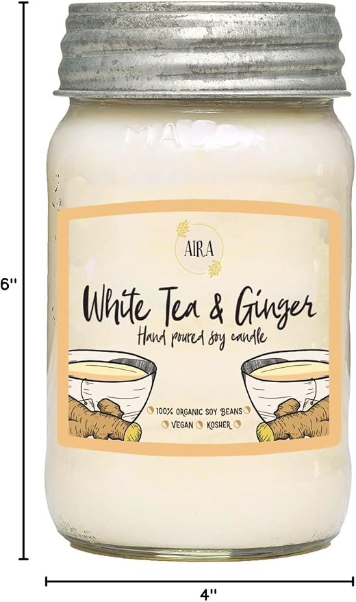 Aira Soy Candles - Organic, Kosher, Vegan, in Mason Jar w/Therapeutic Grade Essential Oil Blends - Hand-Poured 100% Soy Candle Wax - Paraffin Free, Burns 110+ Hours - White Tea & Ginger -16 Ounces