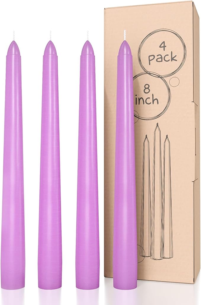 CANDWAX 8 inch Taper Lilac Candles Pack of 4 - Unscented Smokeless Dripless Tall Candlesticks - Perfect for Special Occasions, Ordinary Dinners, for Mother's Day - Lavender Candle Sticks