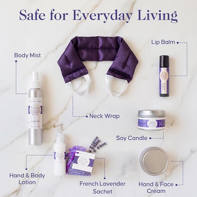 Victoria's Lavender Luxury Spa Gift Basket for Women, Neck Wrap, Body Mist, Body Lotion, Lip Balm, Soy Candle, Lavender Face Cream & Sachet, Birthday Gifts