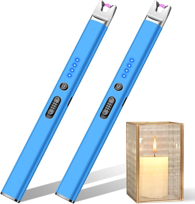 LcFun 2 Pack Blue Candle Lighter Electric USB Rechargeable Plasma Arc Lighter with Safety Lock, Windproof Flameless Long Lighters for Candle, Grill, BBQ, Camping, Gas Stoves