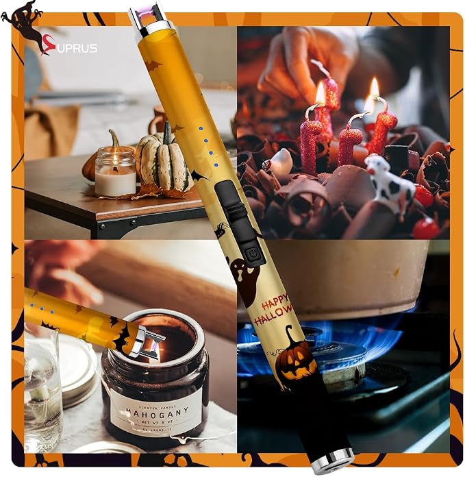 SUPRUS Electric Candle Lighter USB Type C Rechargeable Lighter with Upgraded LED Battery Display Safety Switch Flameless Plasma Windproof for Candle Cooking BBQs Fireworks (Halloween)