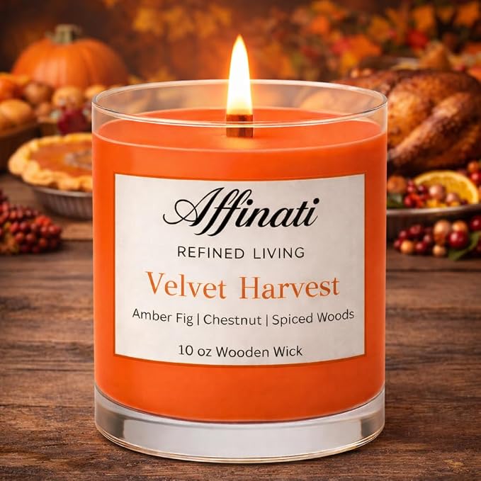 Affinati Velvet Harvest Scented Candle, 10 oz Wooden Wick Tumbler Jar – Highly Fragrant Cozy Autumn Fruits Aromatherapy, Fall Soy Gift