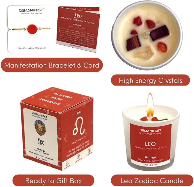 Leo Zodiac Candle with Carnelian Bracelet Orange Scented Soy Manifestation Candles Zodiac Gifts for Leo Women Birthday Astrology Spiritual Gifts