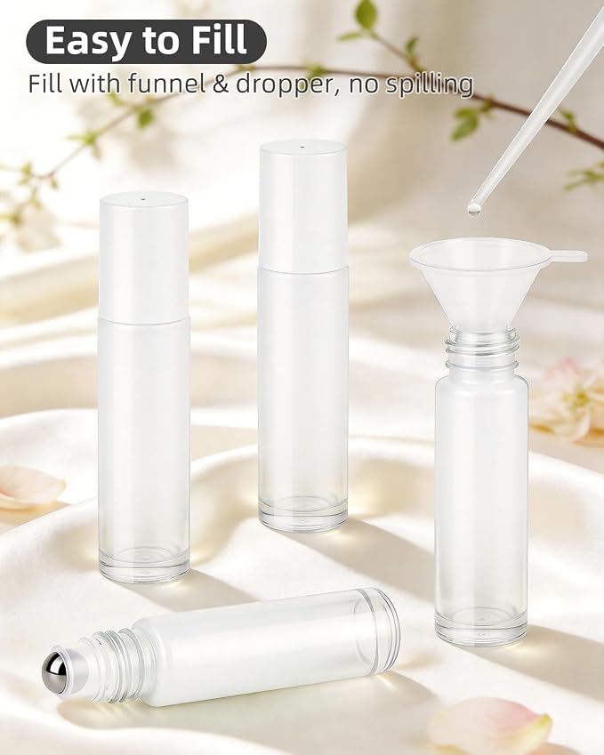 sungwoo 4 Pack Roller Bottles, 10 ml Essential Oil Glass Roller Bottles with Stainless Steel Roller Balls Whtie