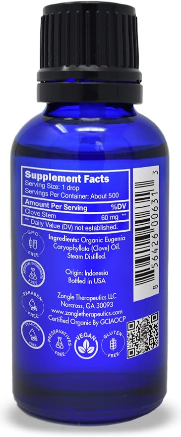 Organic, Clove Oil, Food Grade – 100% Pure, Clove, Bud, Essential, Oil, by Zongle Therapeutics, 1 OZ