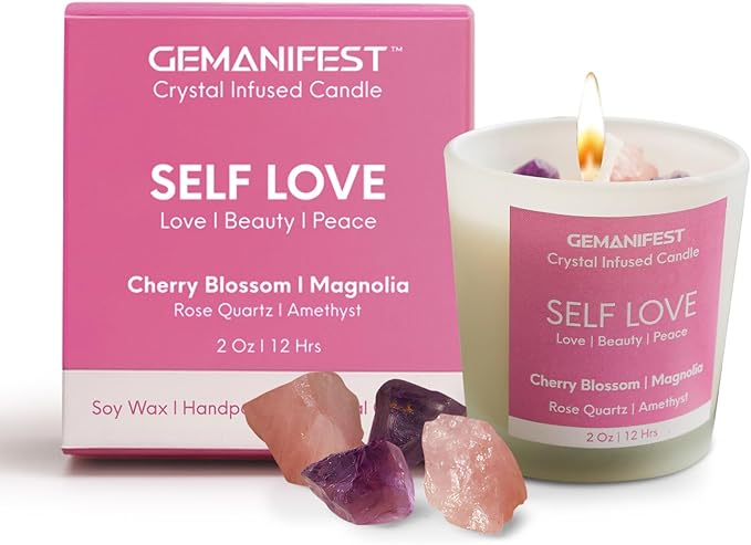 Self Love Manifestation Candle, Cherry Blossom & Magnolia Scented Soy Candle with Rose Quartz & Amethyst, Valentine's Gift for Her/Him, Women's Wellness & Spiritual Healing