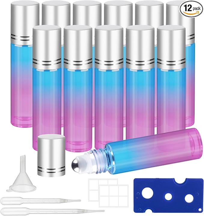 10ML Essential Oil Roller Bottles, 12 Pack Clear Oil Roller Bottles for Essential Oils, Roll on Bottle with Stainless Steel Balls(12 Labels, Opener, Funnel, Dropper Included)