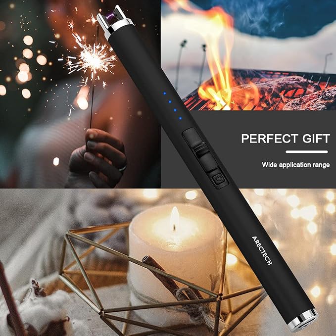 ARECTECH Rechargeable Electric Candle Lighter, Arc Plasma Windproof Lighter for Candle Kitchen Birthday, Christmas Stocking Stuffers Gifts for Mom Men Wife with Type-C Cable, Black