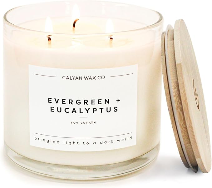 Calyan Wax Co. Evergreen & Eucalyptus 3 Wick Scented Candle - 43 Hour Burn - Luxury 3 Wick Soy Candles - Clean Soy Wax Candles - Long Lasting Large Glass Jar Candle for Home - 14.9oz