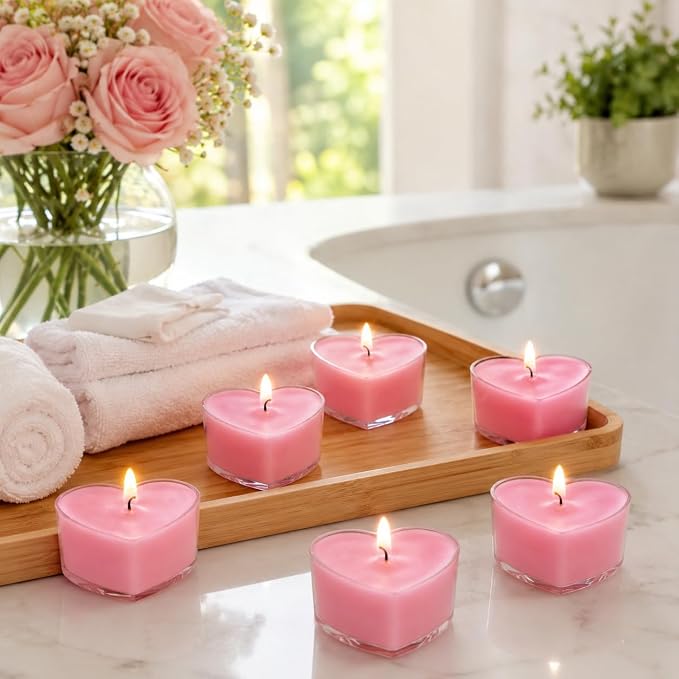 Tea Lights Candles Set of 24, Blush Pink Heart Tealight Candle, Peach Scent Tea Candles, Long Burning Tea Lights for Wedding Dinner Table Ambiance Home Decor
