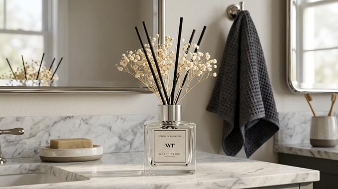 Real Flower Stick Diffuser Set Hotel White Tea Scent for Bathroom Accessories Shelf Decor & Air Fresheners, Sticks Defusers with 5.1 fl oz Essential Oils, House Bedroom Office Decor & Gifts