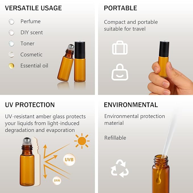 ELFENSTALL- 20PCS 5ml Amber Glass Roller Bottles Roll On Bottle Container with Metal Ball for Essential Oil Aromatherapy Perfumes and Lip Balms - 3ML Dropper Included
