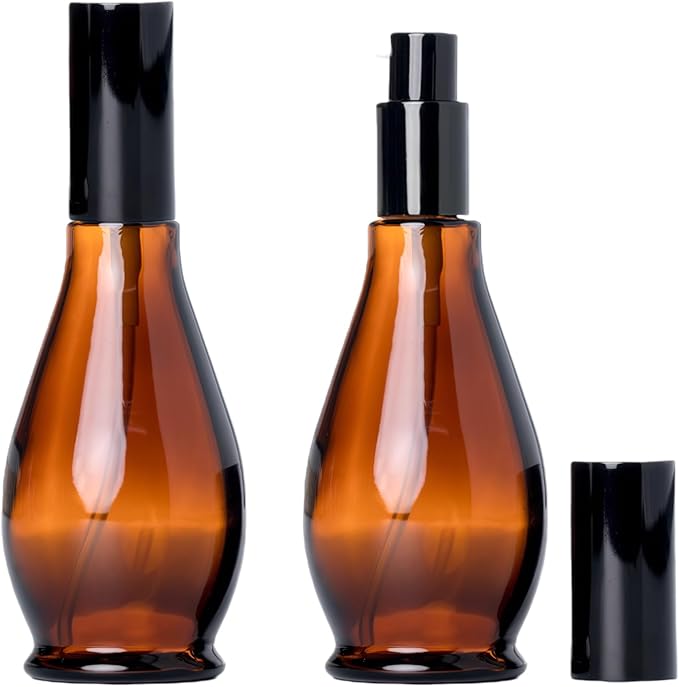 2 Pcs 100ml(3.4oz) Gourd Shaped Amber Glass Pump Bottles, Empty Refillable Dispenser with Black Pump Head, Essential Oil Emulsion Sample Vials,Travel Size Cosmetic Containers for Lotion Shampoo