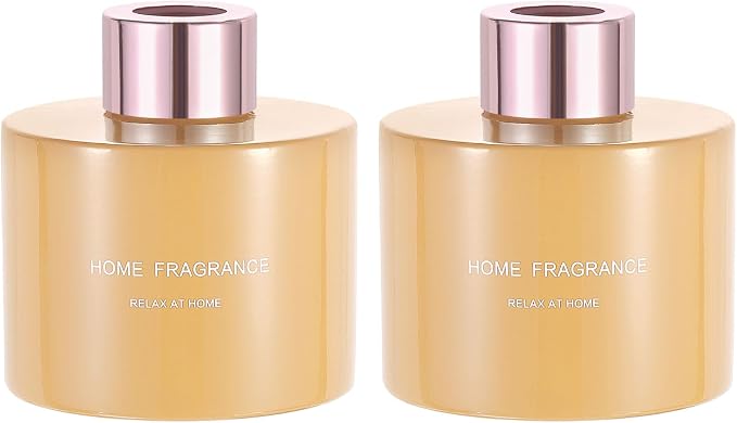 HARFINGTON 2pcs Empty Glass Diffuser Bottle 140ml/4.7oz Refillable Fragrance Accessories Aromatherapy Jar Container for Replace Reed Diffuser Home Bathroom Pale Orange with Gold Tone Cap