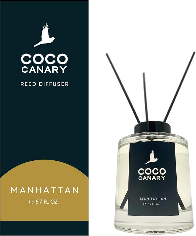 Coco Canary Reed Diffuser Set, 6.7 fl oz Home Fragrance - Manhattan - Long-Lasting Masculine Scent, Whiskey Cocktail Notes, Urban Sophistication