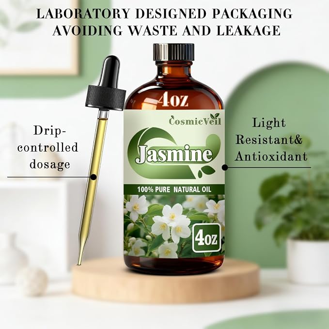 Jasmine Essential Oil Jasmine Oil for Aroma Diffuser,Humidifier,Home Fragrance,Cleaning,Body Care,Massage,Yoga,DIY Candle,DIY Soap CosmicVeil（Jasmime，4 Fl Oz (Pack of 1)）