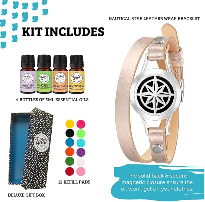 Wild Essentials Nautical Star Essential Oil Leather Wrap Bracelet Diffuser, Gift Set, Lavender, Lemongrass, Peppermint, Orange Oils, 12 Pads, Customizable Color Changing Perfume Jewelry, Aromatherapy