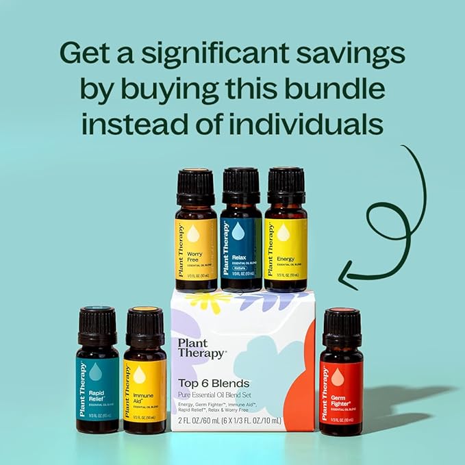 Plant Therapy Essential Oil Blends Set, Top 6 Most Popular, 10 mL (1/3 oz) Each, 100% Pure, Undiluted, Great for Essential Oil Diffusers or Body Care Creations