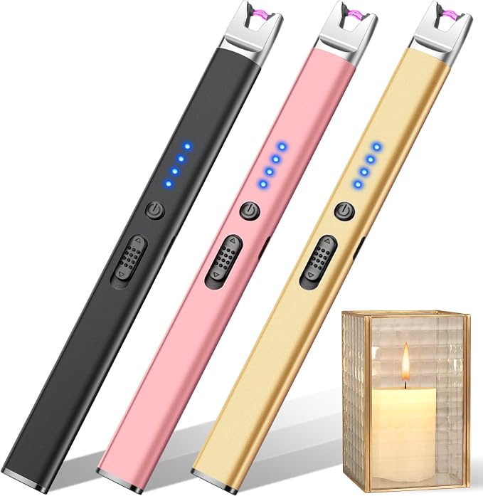 LcFun 3 Pack Electric Candle Lighter USB Rechargeable Plasma Arc Lighter with Safety Lock, Windproof Flameless Lighters Long Stem Matches for Candle, Grill, BBQ, Camping, Gas Stoves (Black,Pink,Gold)