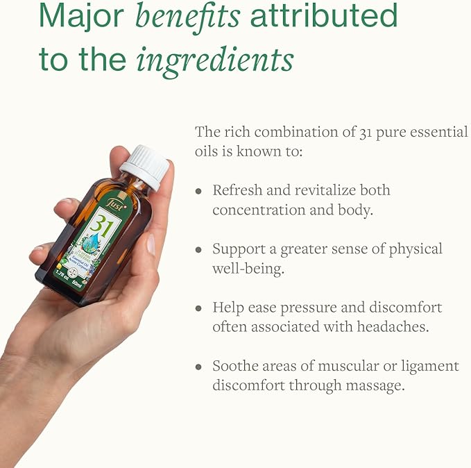Swiss Just - Oil 31-20ml Bottle - Essential Oil Blend - Ideal for Massage, Bath, and Aromatherapy