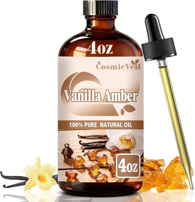 Vanilla Amber Essential Oil for Aroma Diffuser,Humidifier,Home Fragrance,Cleaning,Body Care,Massage,Yoga,DIY Candle,DIY Soap CosmicVeil（Vanilla Amber，4 Fl Oz (Pack of 1)）