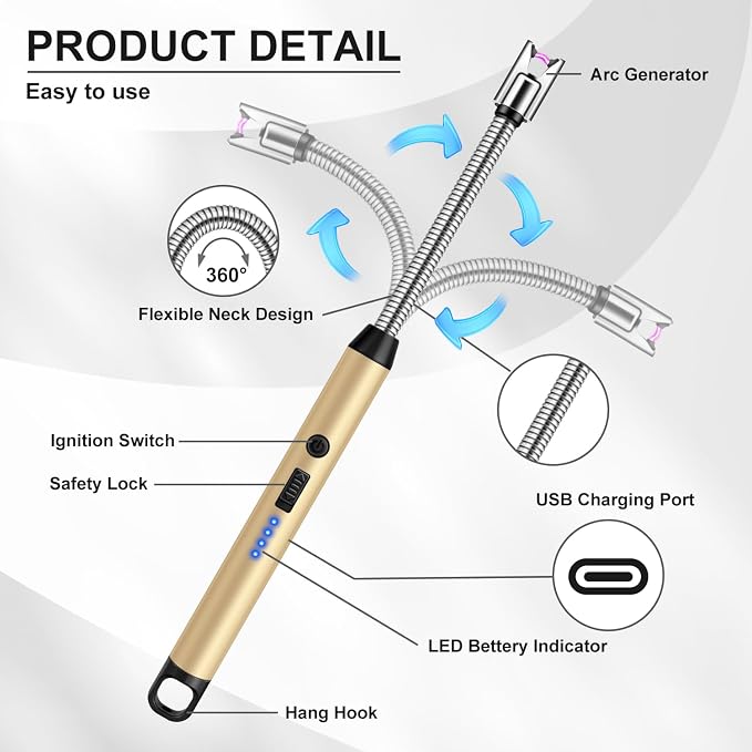 LcFun Candle Lighter with 360° Flexible Neck & Safety Lock, Windproof USB Rechargeable Electric Lighter Gift Sets, Flameless Arc Long Lighters Matches for Grill, BBQ, Camping, Fireplace, Stove