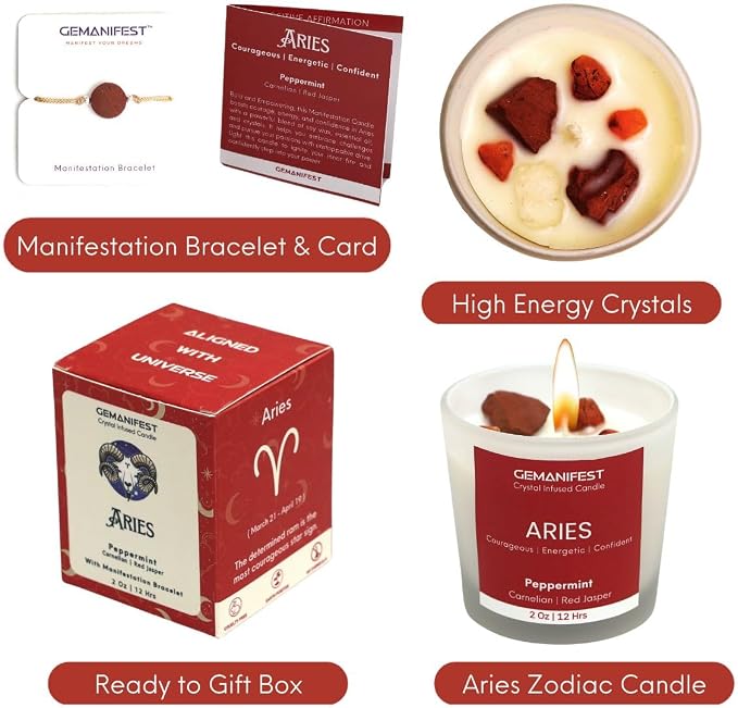 Aries Candle Gifts for Women Men Zodiac Crystal Candles with Aries Zodiac Bracelet for Manifestation Best Thoughtful Gifts for Christmas New Year Birthday Presents for Candle Lovers