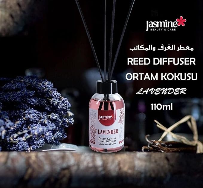 Jasmine Turkish Reed Diffuser (Lavender) Set 3.72 Fl. Oz (110ml), with 4 Reed Sticks. for Your Office, Bedroom, Bathroom, Kitchen. Elegant Fragrance for Your Entire Home.