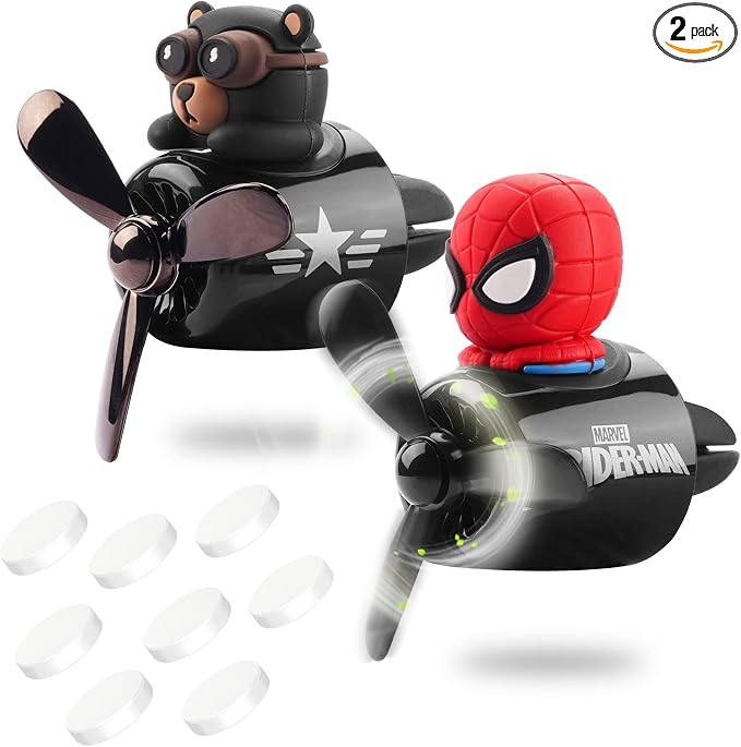 2pcs Car Air Fresheners Cartoon Cute Bear Pilot Automotive Air Outlet Propeller Car Diffuser Creative Car Perfume Decoration for Car Vent Clips with 8 Fragrant Tablets for Women Men (Bear + Hero)