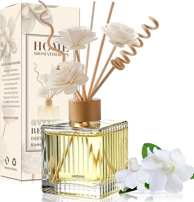 Gardenia Reed Diffuser - 6.7 oz Glass Bottle with 4 Rattan Sticks, 3 Dried Flowers | Adjustable, Long-Lasting Scent for Home, Bedroom, Living Room, Office, Bathroom | Aromatherapy Gift