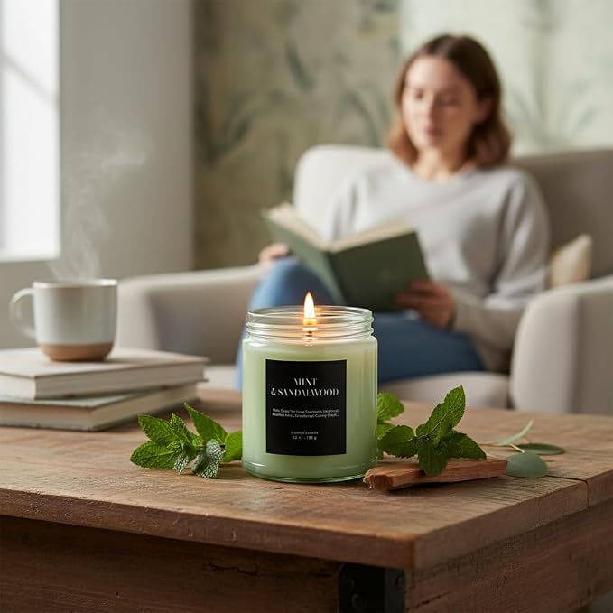 Mint & Sandalwood Scented Candle 6.5oz – CW Studio Color-Sprayed Glass Jar, Fresh Cool Mint & Warm Wood Aroma – Bathroom Kitchen Office Gift Candle, Mother's Day & Housewarming – 30-35 Hour Burn